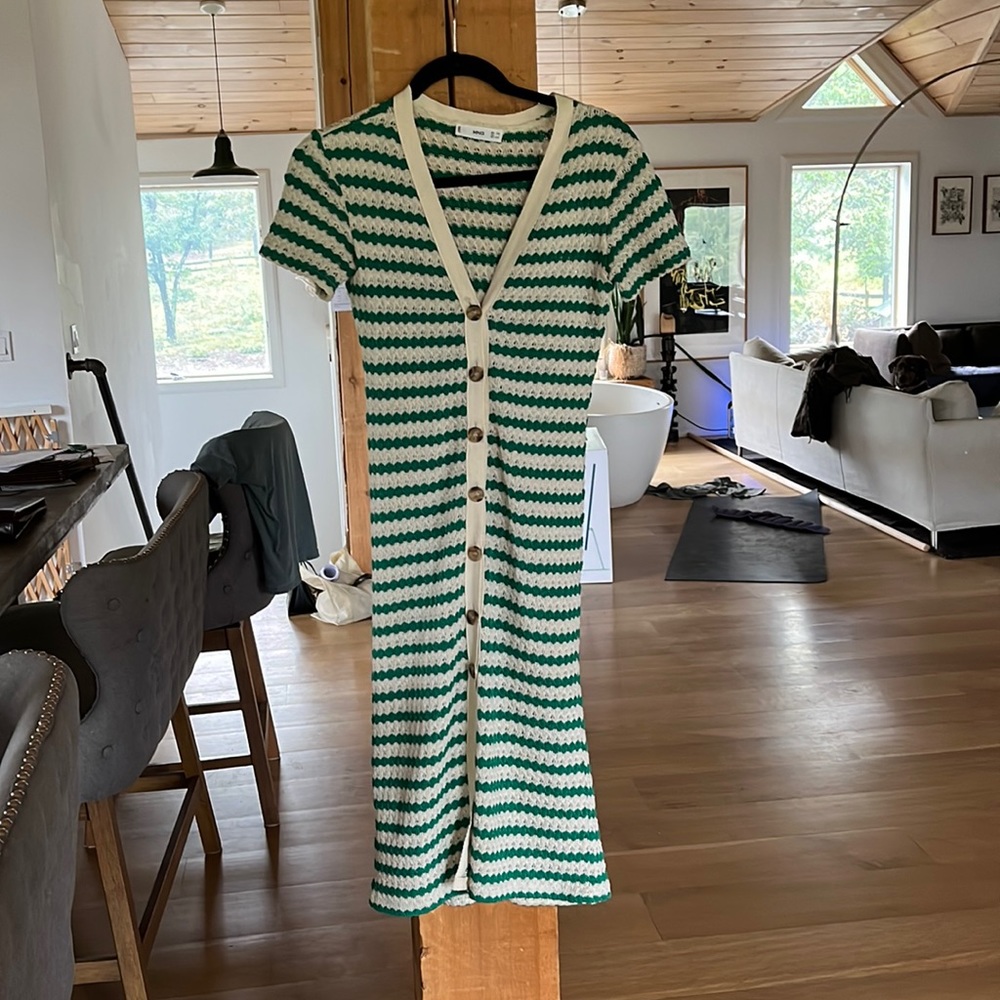 Cream and green striped knit midi dress